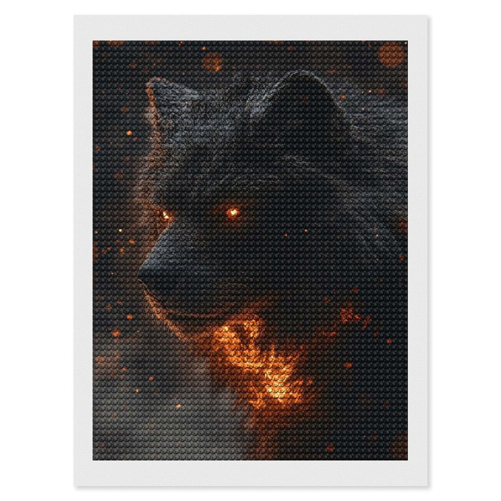 Junmoney Fiery Wolf with Glowing Eyes Round Drill Diamond Painting 12"x16", Satisfying Creative Project, Complete Accessories, Printed Canvas