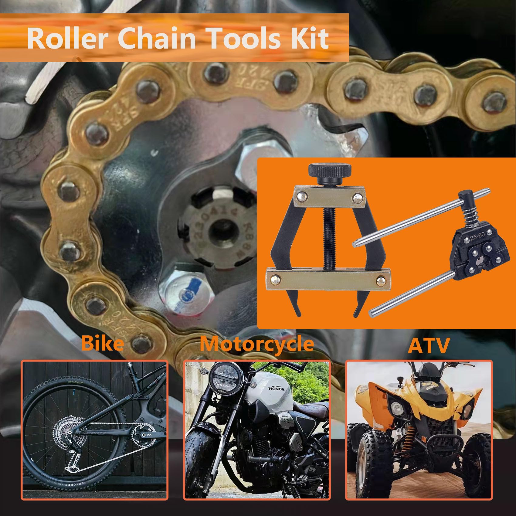 Roller Chain Breaker Cutter Chain Holder Puller Disassembly Tools Kit #25-60 Chains Replacement Set for Bicycle Motorcycle Go Kart ATV