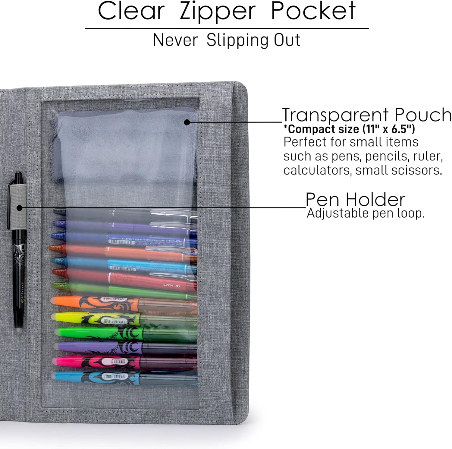 Folio Cover Compatible with Rocketbook Fusion, Panda, Everlast, Waterproof Fabric, Multi Organizer with Pen Loop, Zipper Pocket, Business Card Holder, fits A4 Size Notebook, Gray