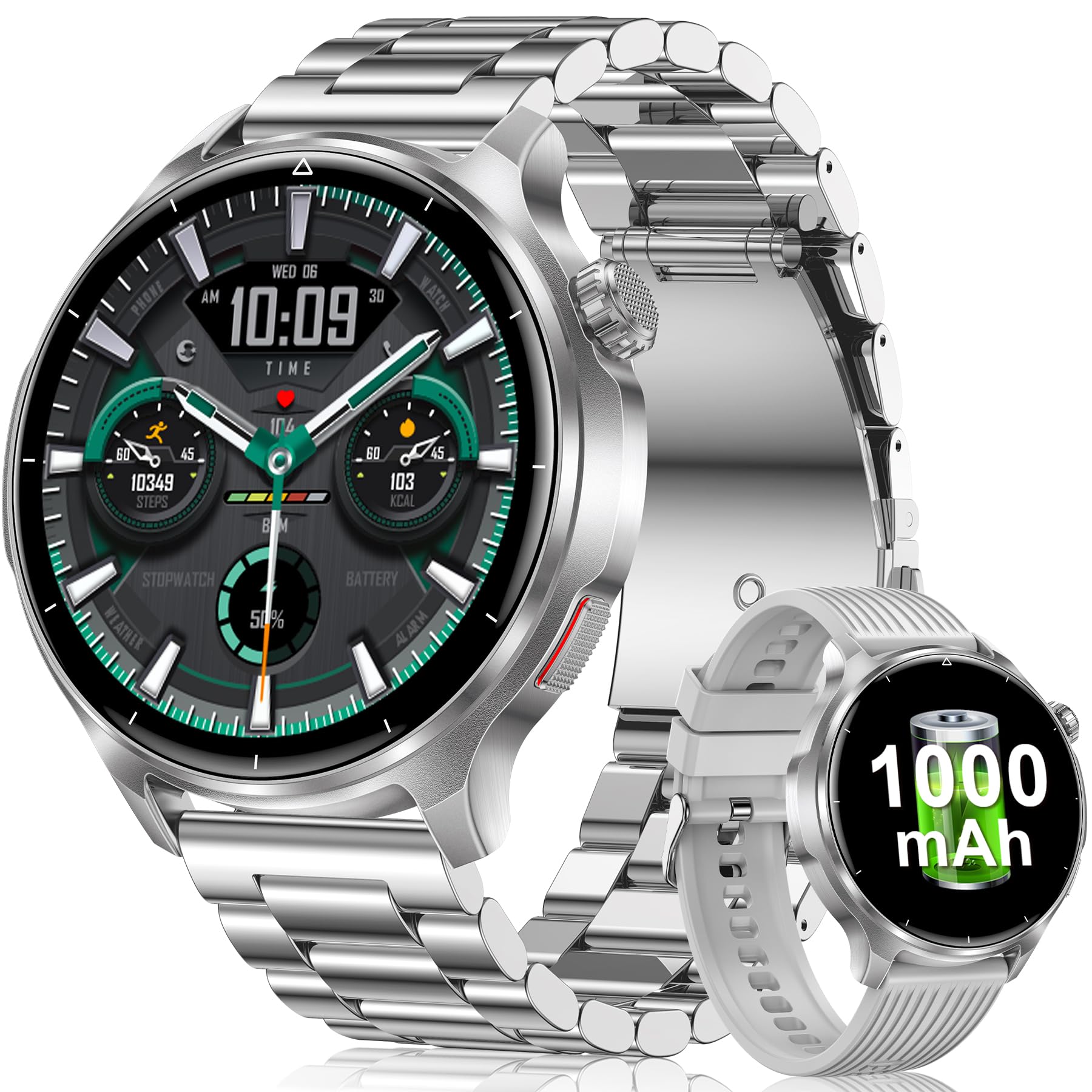 Montre Connectée Homme 1,52", Batterie 1000 mAh, Appels Bluetooth | Fréquence Cardiaque, SpO₂, Sommeil et Stress, 120+ Modes Sport, Podomètre, IP68 Étanche, Android iOS, Deux Bracelets, Argent