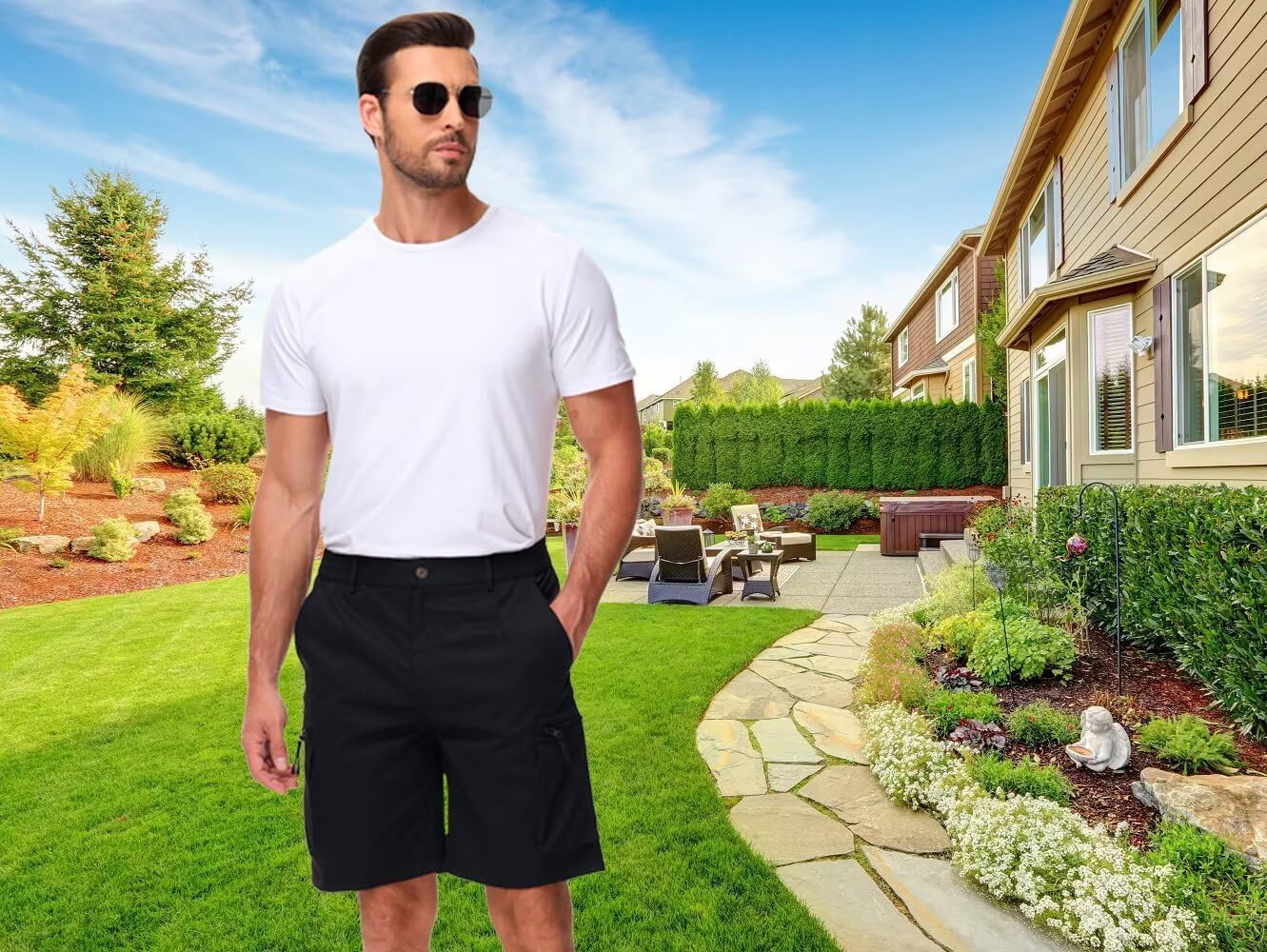 QPNGRP Men's 9" Inseam Stretch Waist Zipper Cargo Shorts with 6 Pockets - Image 2