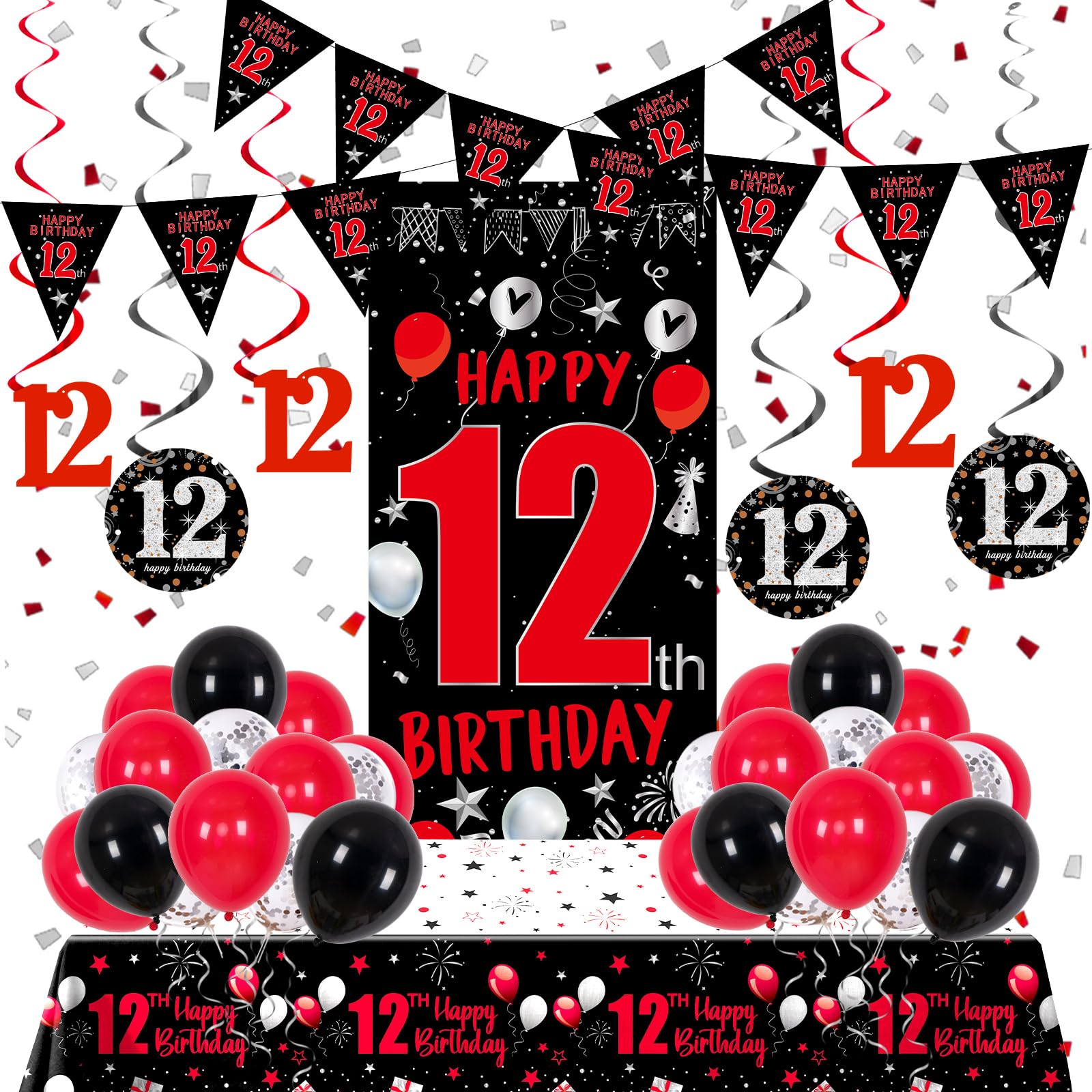 12th Birthday Decorations for Boys Girls, Red Black Happy 12th Birthday Decorations Boy Girl, Happy 12 Bday Banner Backdrop Balloons Tablecover