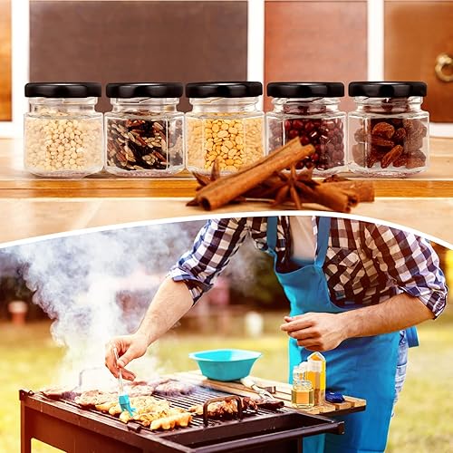 Miniatura 10 de Nuogo Paquete de 100 mini tarros hexagonales de vidrio de 1.5 onzas, tarros de miel, pequeños tarros de especias, tarros de conservas, mermeladas,