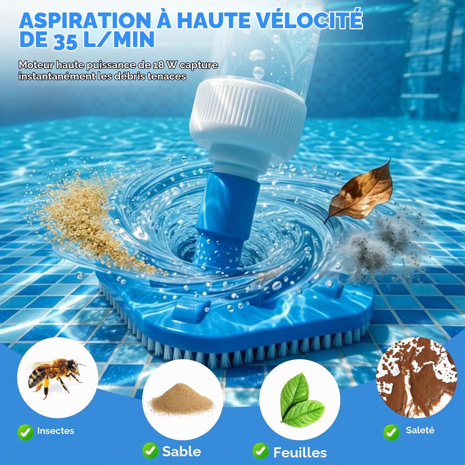 Bostar Aspirateur de piscine 3 en 1 avec batterie avec barre télescopique, 35 l/min, aspirateur à main sans fil avec filtre, aspirateur de sol portable pour petites piscines spa