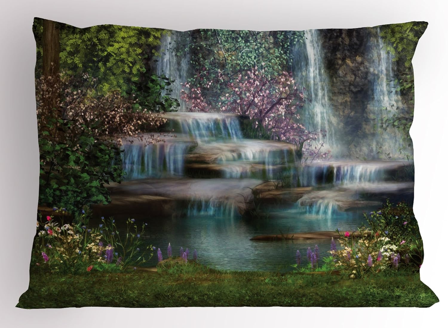 Ambesonne Waterfall Pillow Sham, Waterfalls Flowers and