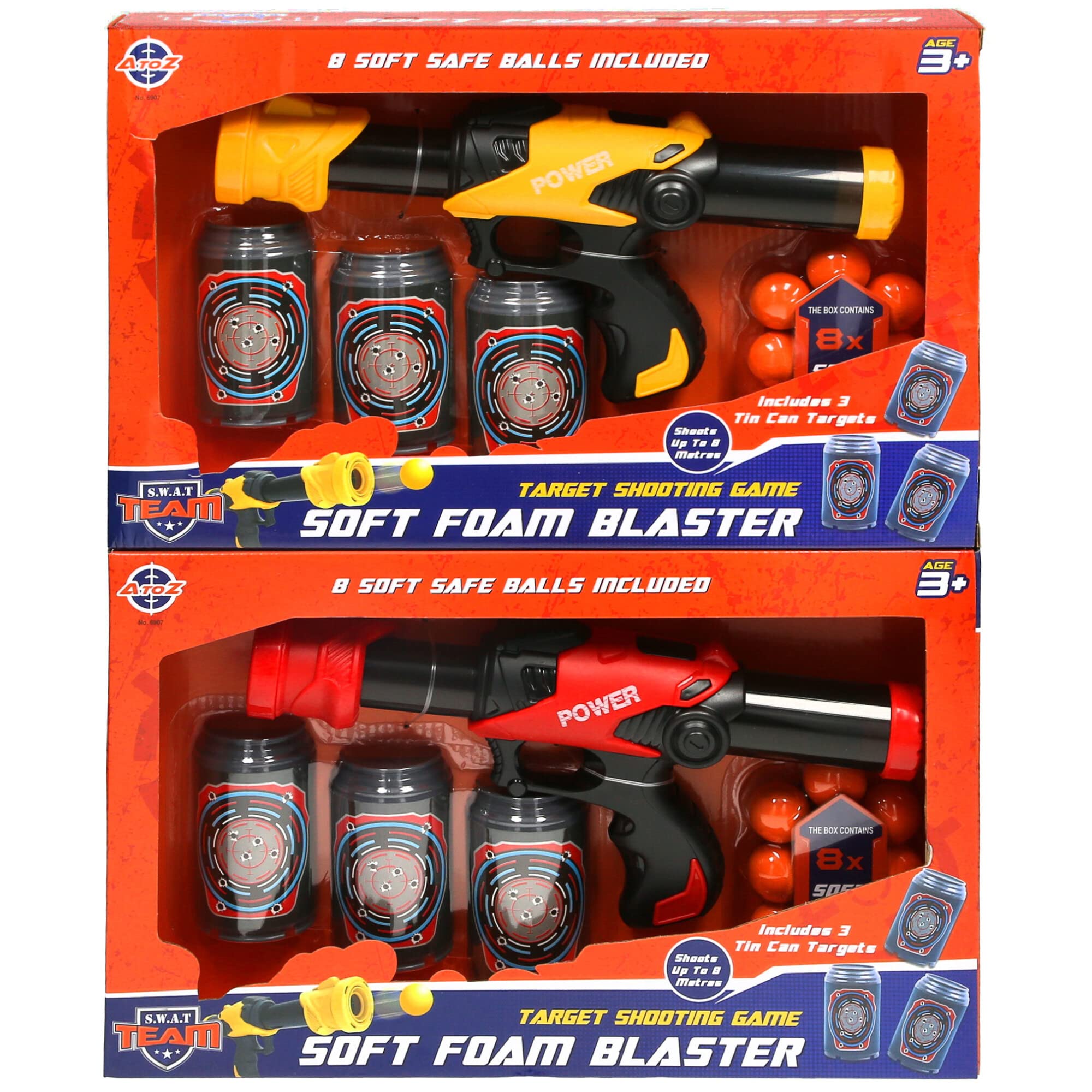 Target Shooting Game Set with Soft Foam Blaster, 8 Foam Balls, 3 Can Targets, Available in Red or Yellow
