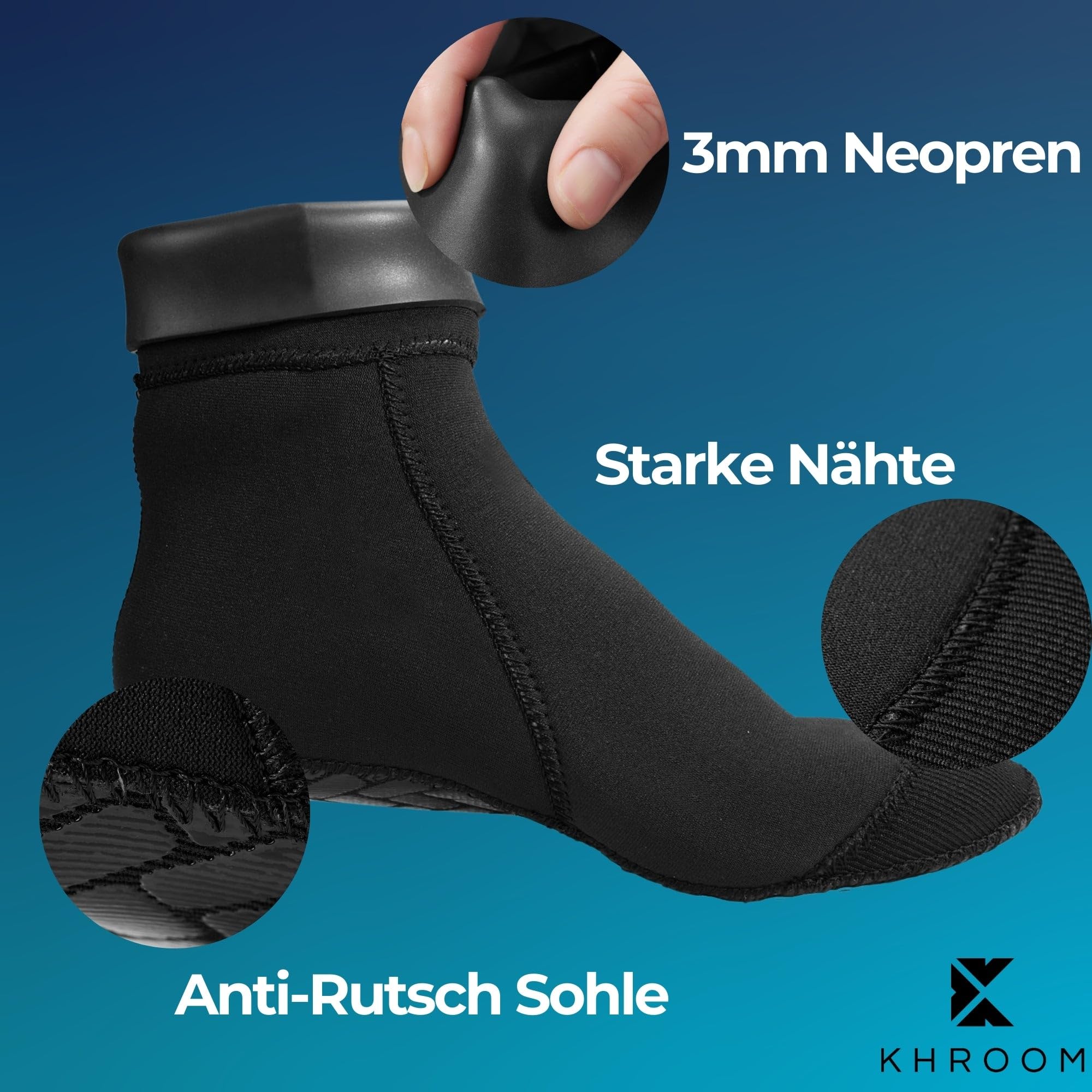 Khroom Skarpety neoprenowe 3 mm dla mężczyzn, kobiet, dzieci (rozm. 32-46) skarpety wodne z antypoślizgową podeszwą pasują do płetw - czarne - wodoodporne skarpety do wody na plażę i do siatkówki