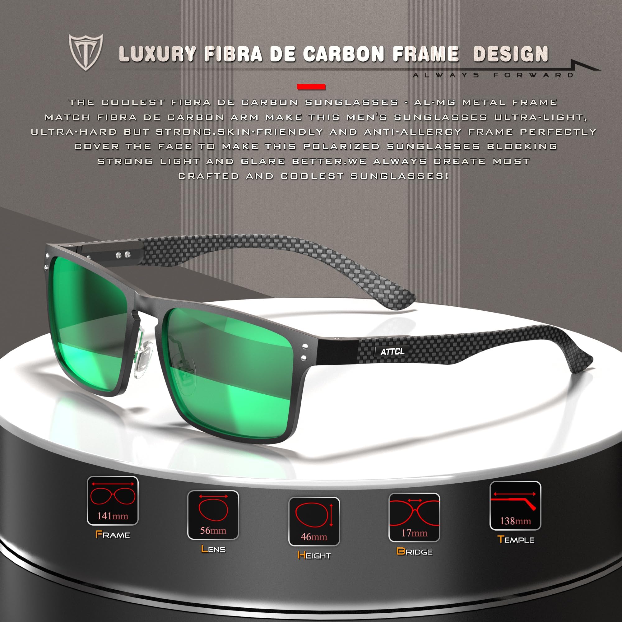 ATTCL Gafas de sol polarizadas clásicas para hombre con marco de metal rectangular y fibra de carbono, protección UV400