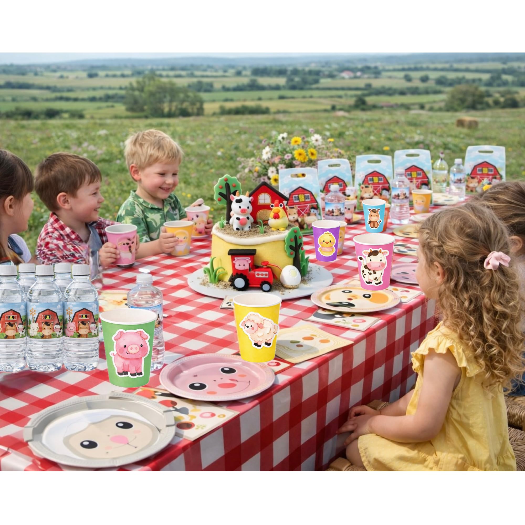 Pack Cumpleaños Infantil granja 10 niños -Decoracion Mesa Completa y Detalles Invitados-Fiesta Infantil Granja.101 unidades.