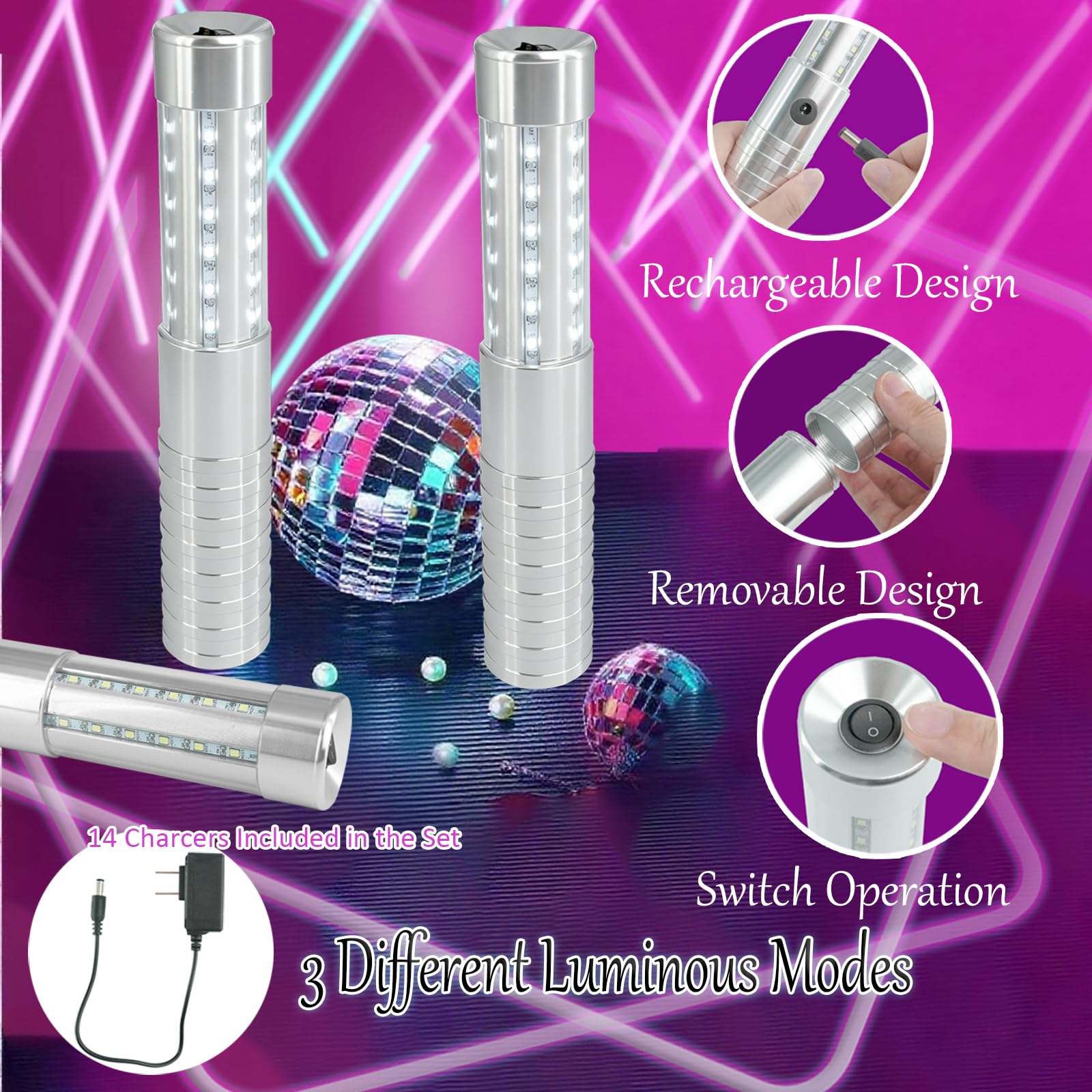 14 luces LED estroboscópicas de mano para champán, luces de servicio, lámpara LED recargable para bar, discoteca, concierto, actividades al aire libre