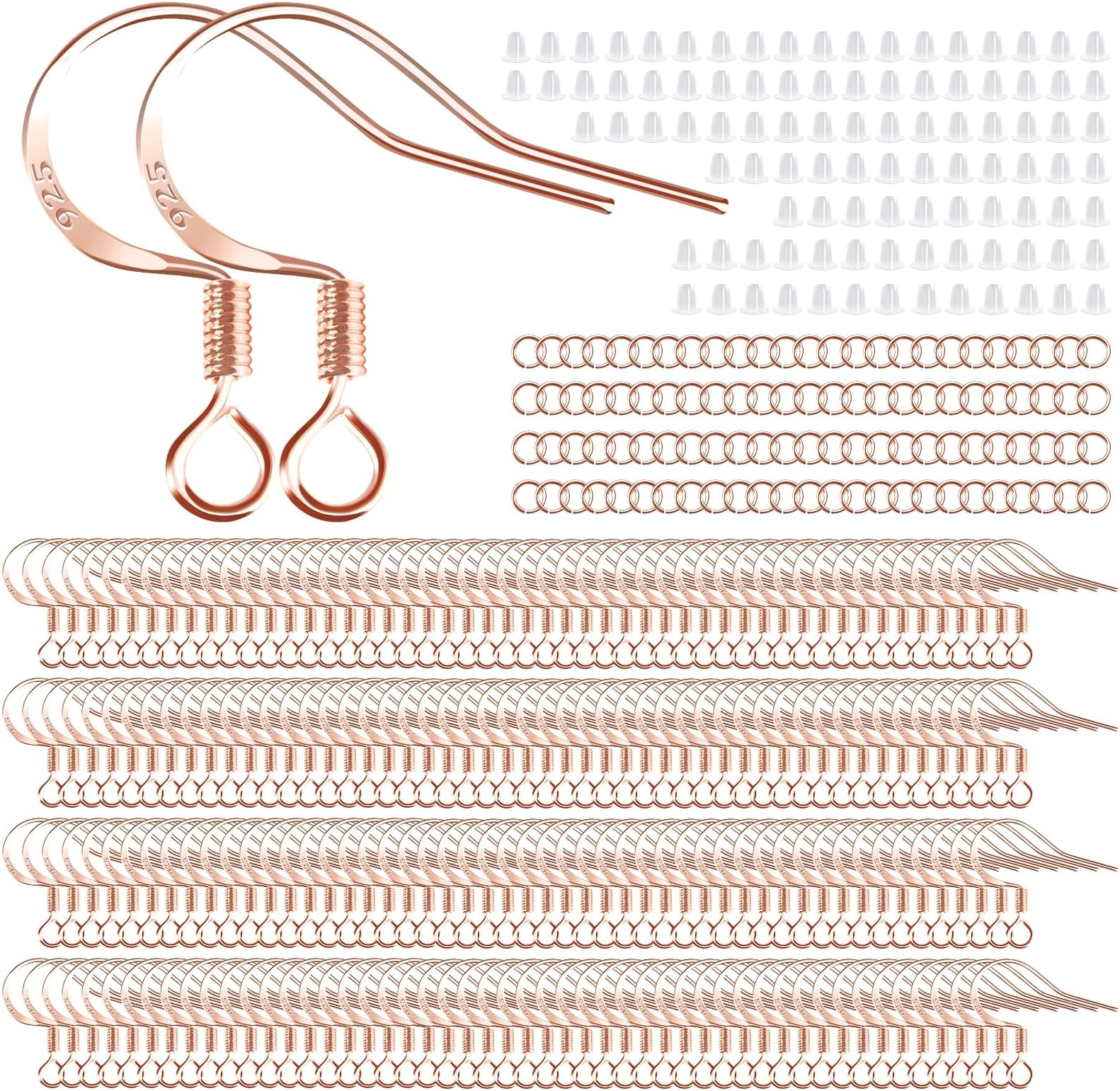 200 PCS/100 Pairs Rose Gold Tone Earring Hooks 925 Sterling Silver Plated Hypoallergenic Ear Wires Fish Hooks with 100 PCS Silicone Ear Backs and Jump Rings Earring Findings for DIY Jewelry Making