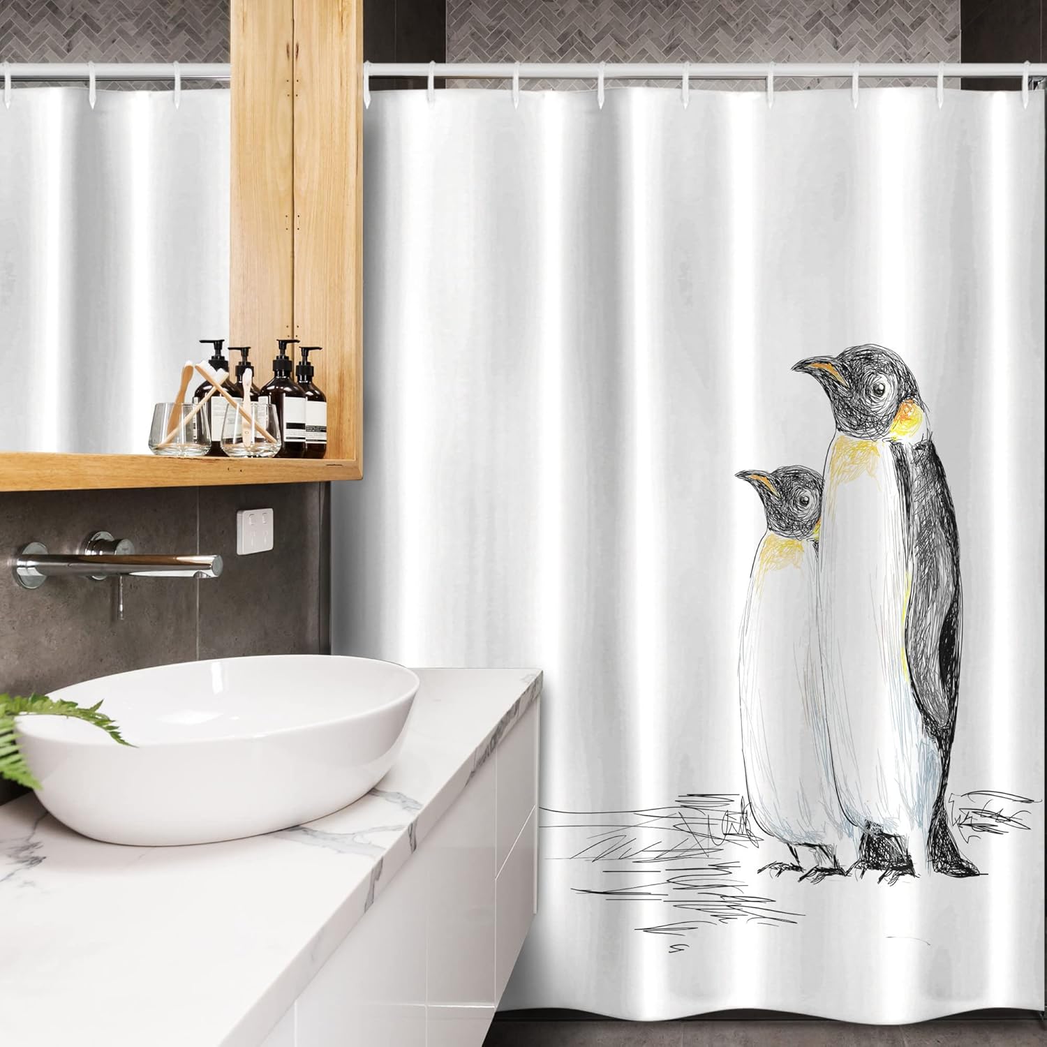 Ambesonne Sea Animals Stall Shower Curtain, Hand Drawn Art Penguins Aquatic Flightless Birds Polar South Pole Wildlife, Fabric Bathroom Decor Set with Hooks, 54" W x 78" L, Charcoal White