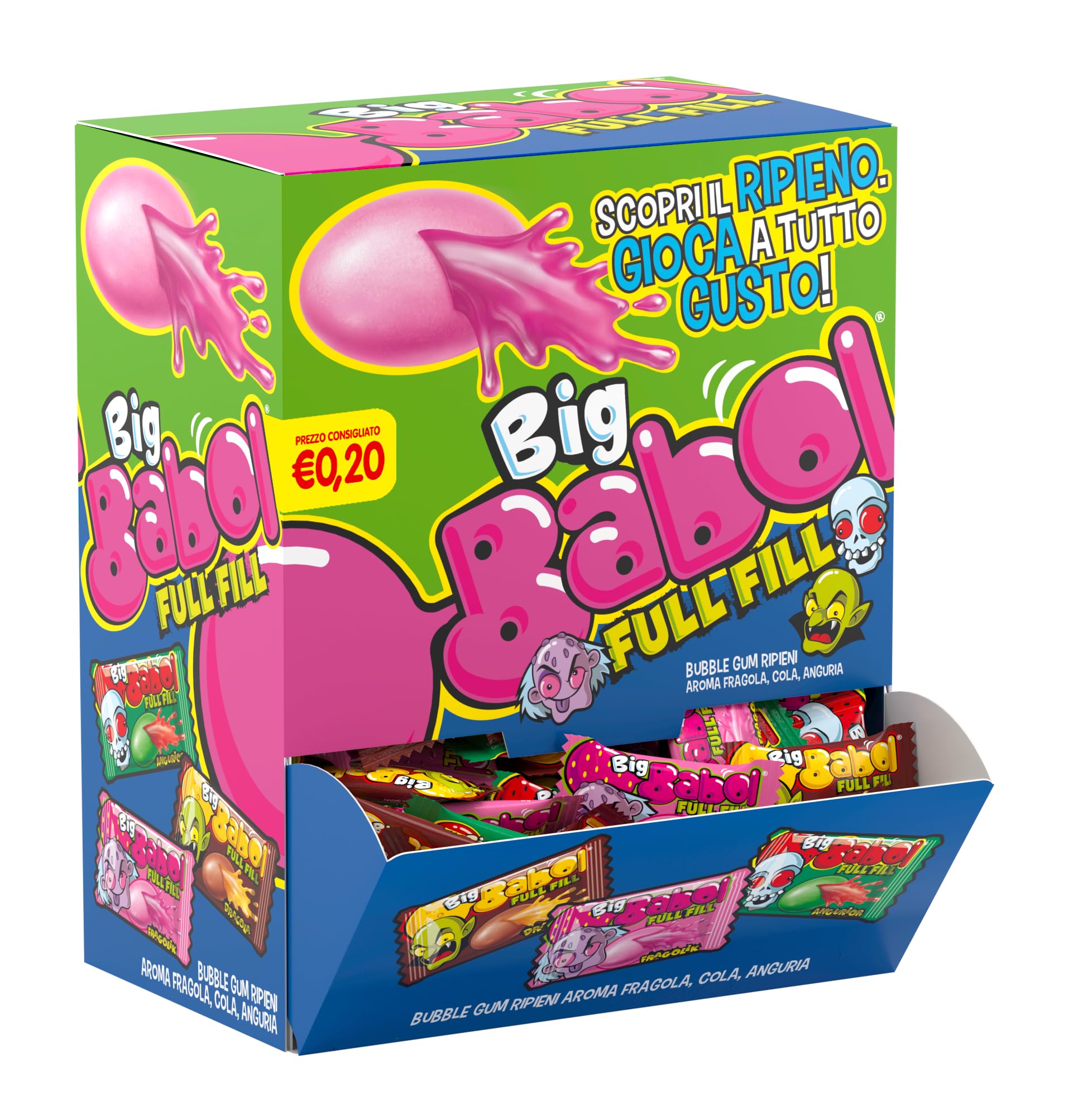 Big Babol Full Fill, Chewing Gum Morbido, Gusto Anguria, Fragola, Cola, Ottime da Condividere, per Feste e Compleanni Bambini, Confezione da 200 Incartate Singolarmente