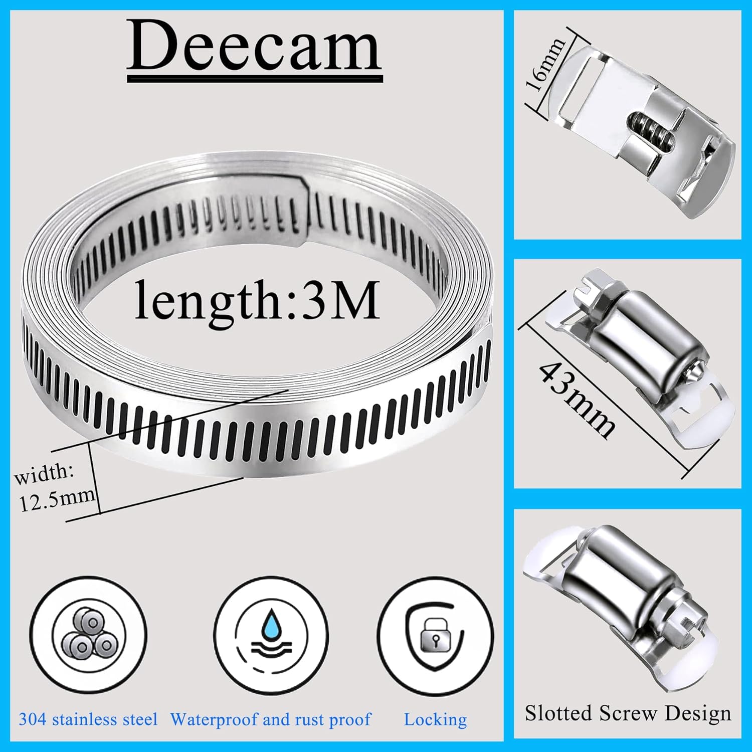 Deecam Stainless Steel Hose Clamps, 10FT Metal Strapping with Holes, Hose Pipe Strap Adjustable Worm Gear Assortment Kit, Heavy Duty Long Metal Band Clamps for Pool Duct Pipe Tube Repair