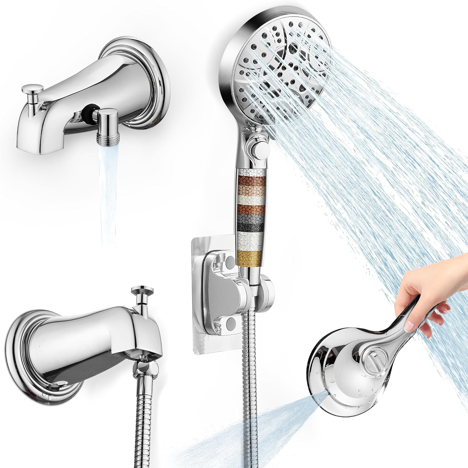 sagetta Bathtub Spout with Diverter Combo Bathtub Fuacet Fits for Threaded 1/2" or 3/4" IPS with 10 Mode Handheld Shower Head and Holder, Cover Plate, 89" Shower Hose Chrome