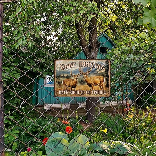 Miniatura 7 de Letrero de metal vintage de 8 x 12 pulgadas, diseño retro de ciervo, con aspecto de óxido que se ha ido cazando pronto para ir a pescar, divertido