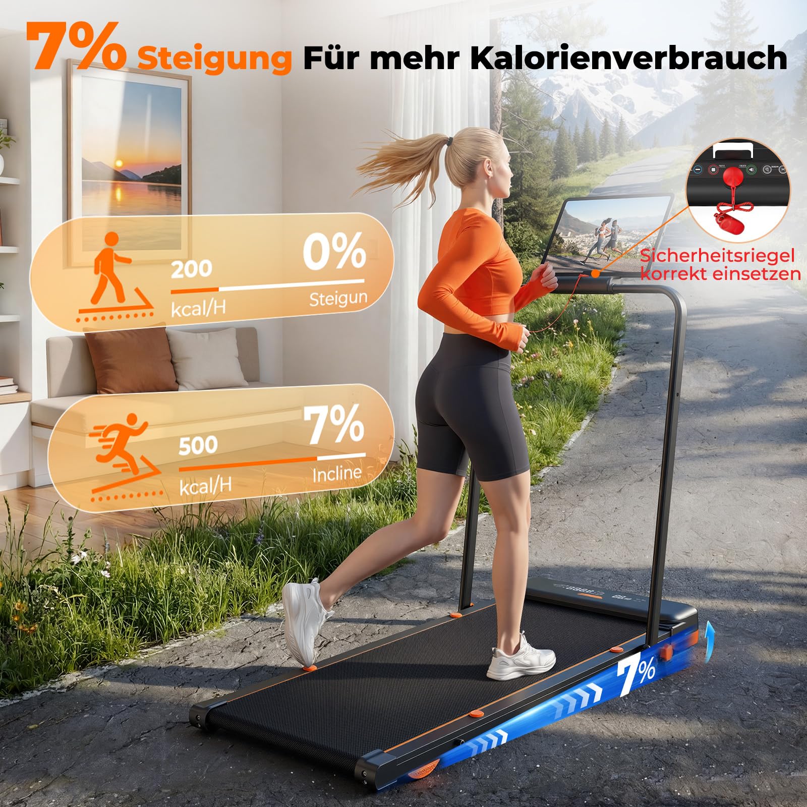 Laufband für Zuhause mit 5 Reha & 5 Vibrationsstufen, 6 in 1 Klappbares Walking Pad, 7% Steigung, 2,5 PS Motor (<40 dB), 1-10km/h Laufband Schreibtisch, Smart App, Fernbedienung, Schwarz