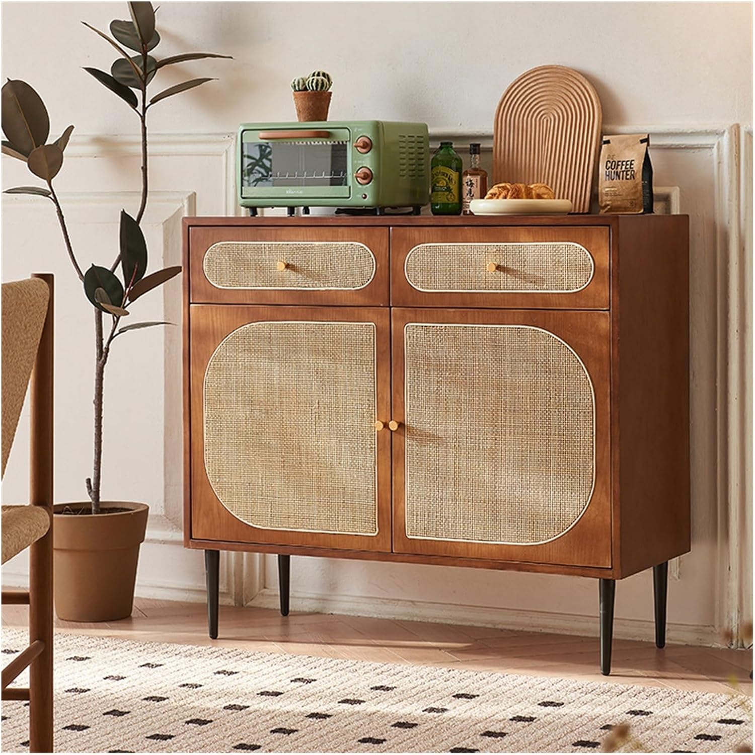 Sideboard Cabinet Solid Wood Sideboard Small Household Living Room Ash Rattan Wicker Storage Cabinet Console Coffee Table