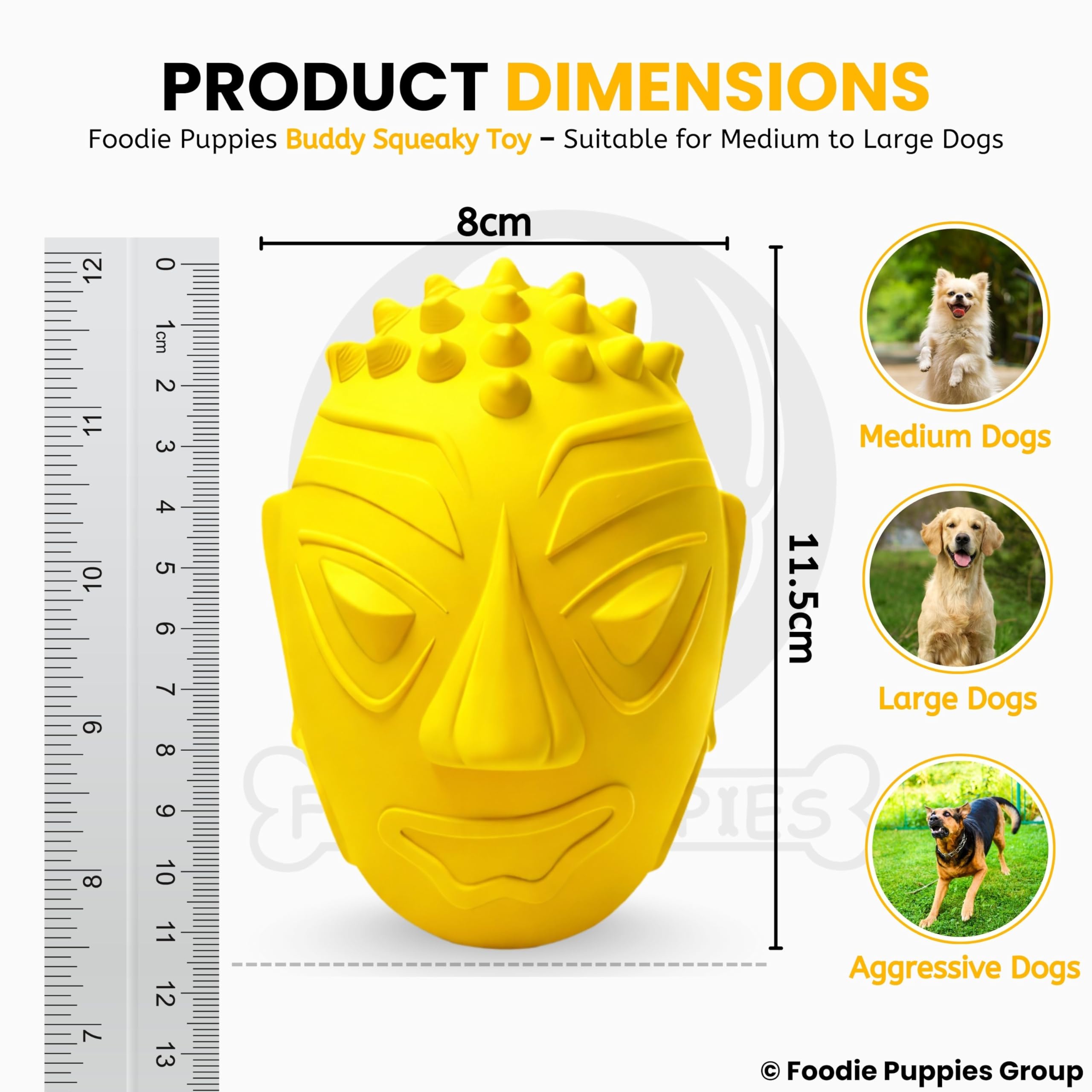 Foodie Puppies Pet Squeaky Dog Toy - (Buddy), Durable Rubber Chew Toy for Medium & Large Dogs, Dental Cleaning Textured Surface, Interactive Squeaker Tough Chew Pet Toy, Easy Grip Dog Toy