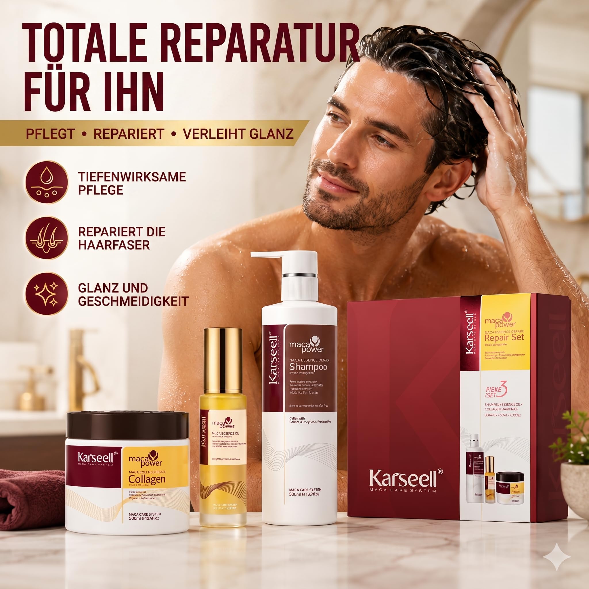 Karseell MACA CARE SYSTEM Set Kollagen Maske 500ml + Arganöl 50ml + Shampoo 500ml Haarreparatur Profi Feuchtigkeitspflege Anti-Frizz Glanz-Effekt Trockenes Strapaziertes Haar Maca-Essenz Komplett-Kur