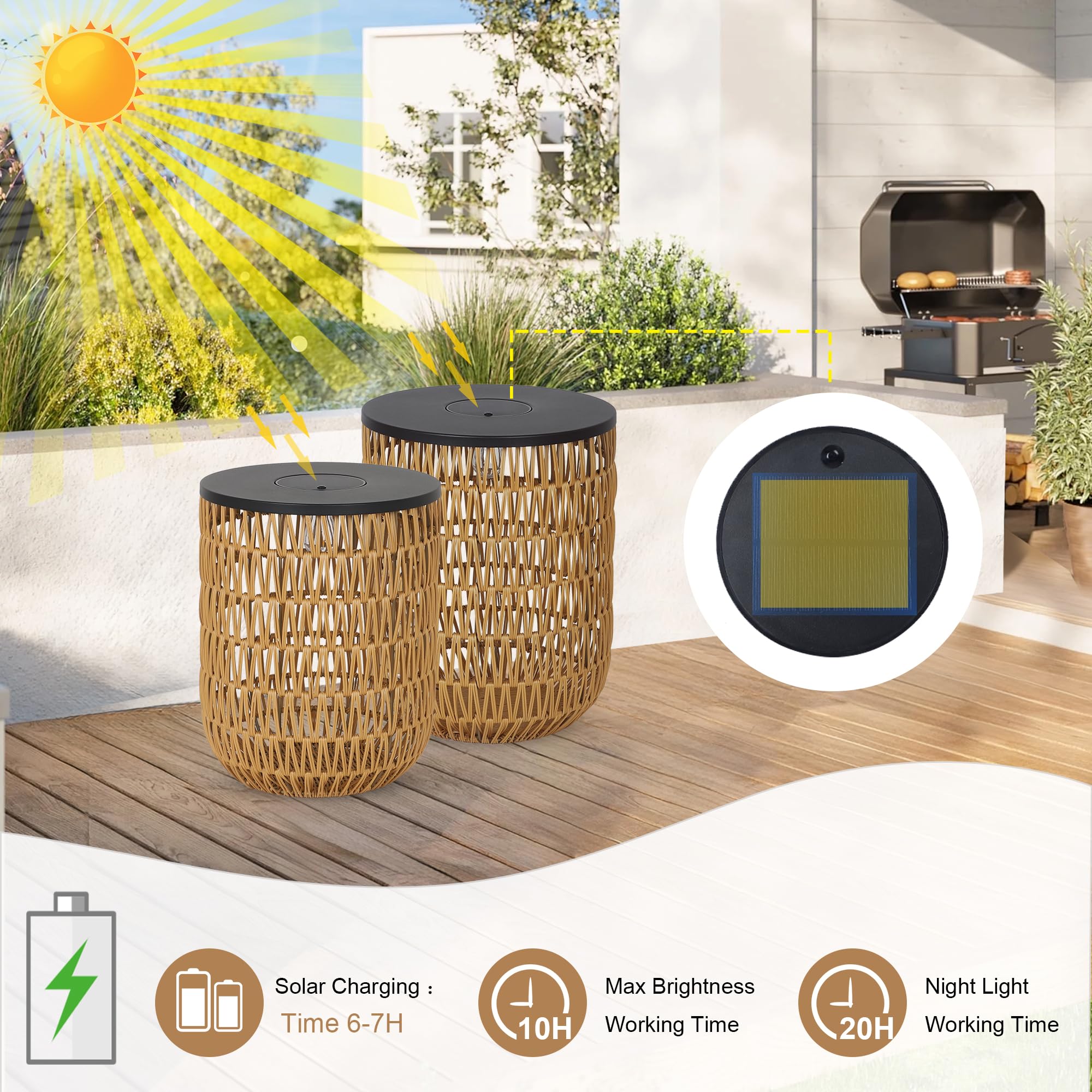 Rayofly Solar Beistelltisch Outdoor 2er Set, Rund Gartentisch Wetterfest mit Solarleuchte, Boho Solar Outdoor Tisch, Kunststoff-Rattan Solarlampe Tisch für Außen, Balkontisch, Beistelltisch Terrasse