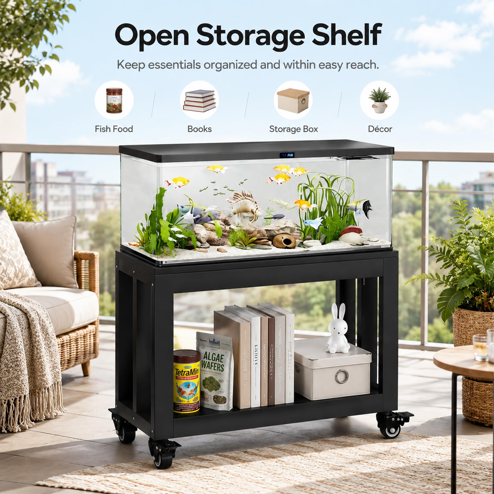 JSWHYBD Mueble para acuario 184 L con ruedas, soporte terrario de 2 niveles | Base robusta y estable con estante para salón, oficina, peces, tortugas y reptiles(C)