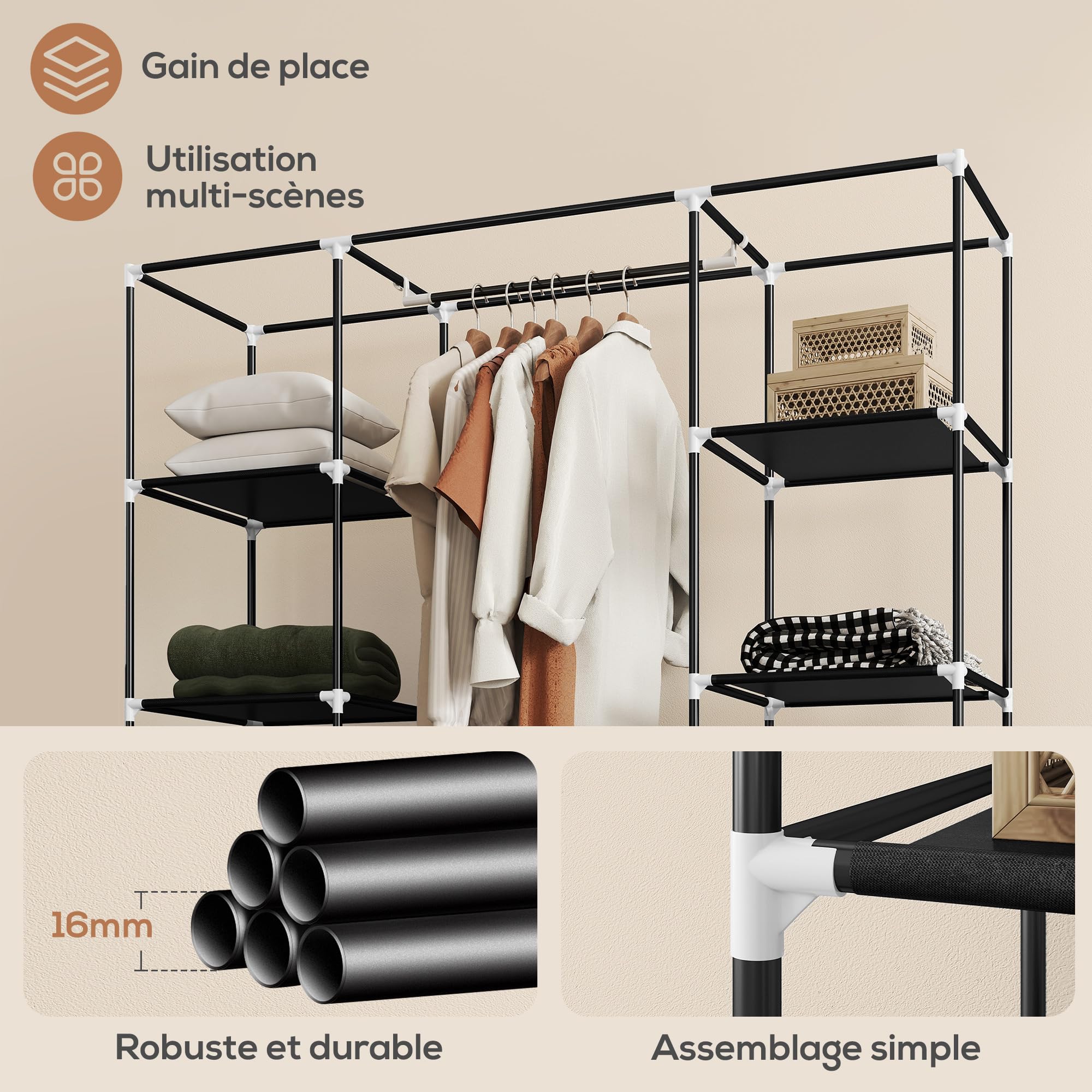 HOMCOM Armoire Penderie en Tissu 150 x 43 x 162,5 cm Noir | Meuble de Rangement, Tringle à Vêtements, Étagères Ouvertes, Penderie Vêtement Dressing, pour Chambre à Coucher