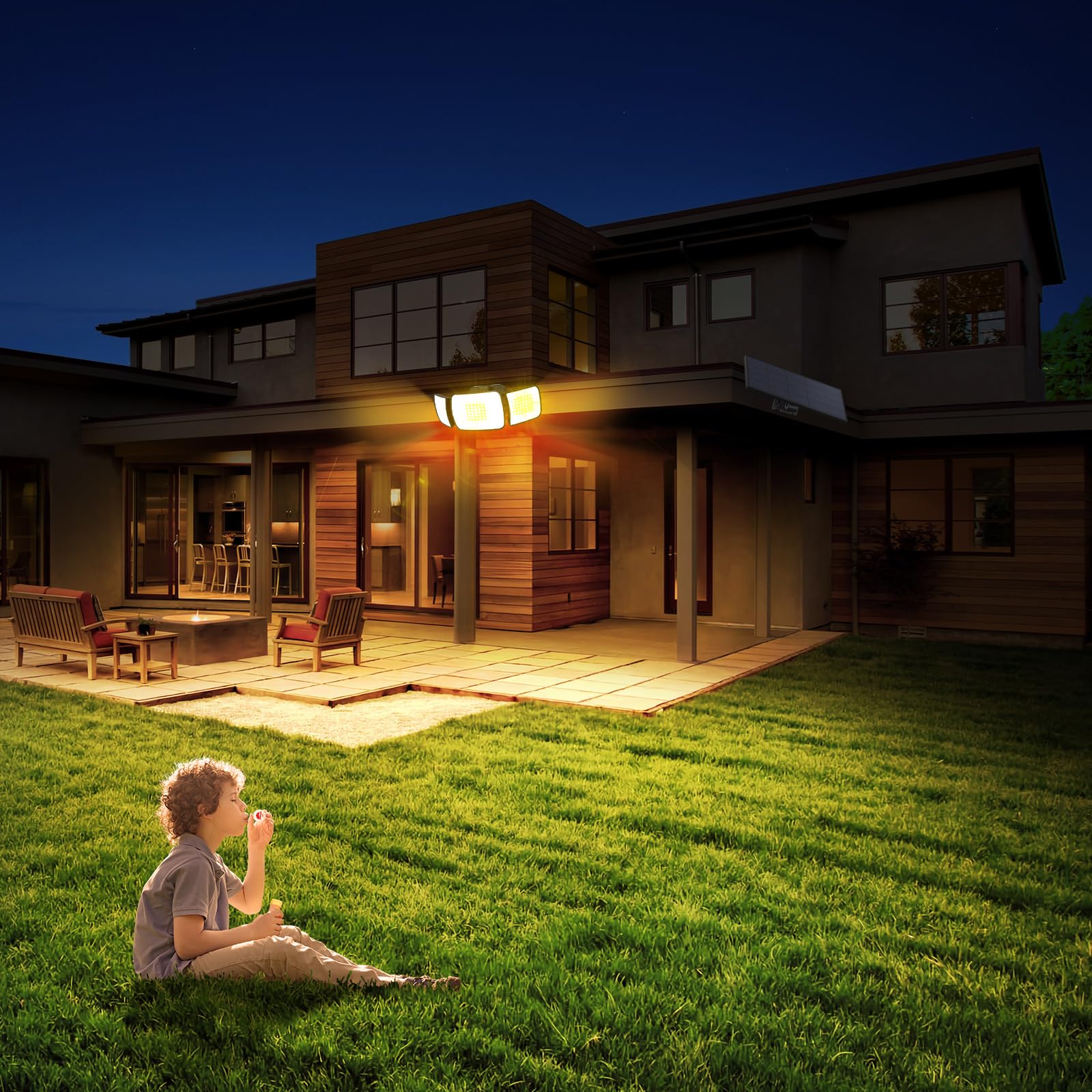INTELAMP Proiettore Solare con Rilevatore di Movimento e Telecomando, Lampada Solare ad Alta Luminosità 6000mAh 1200LM, 4 Modalità, Angolo di 270°, Luci Solari a Luce Calda 3000K, Lampade Solari per