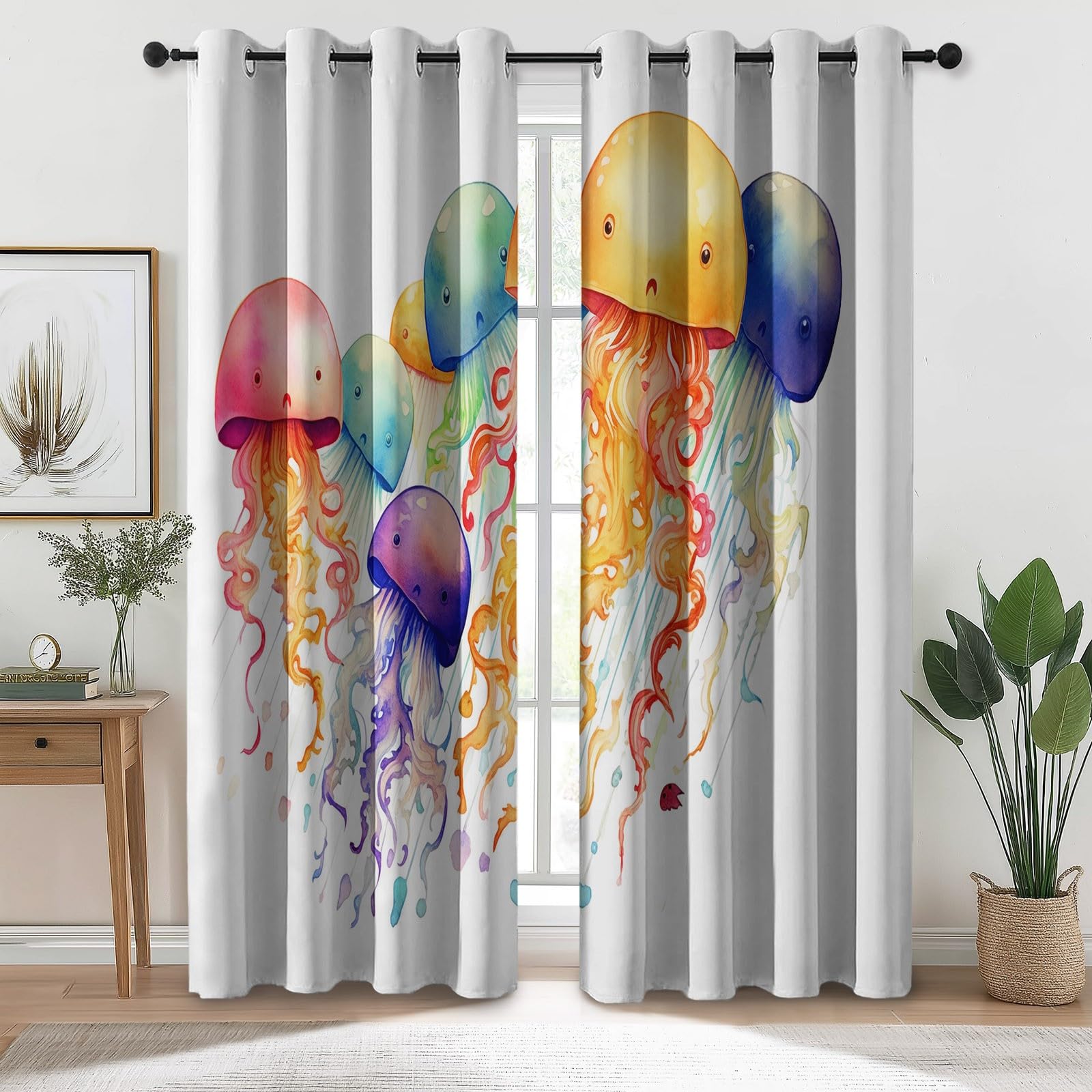 Cartoon meduza z nadrukiem wodorostów, 100% zasłony zaciemniające do sypialni i salonu 117 x 183 cm (2 panele) - izolacja termiczna, energooszczędne zasłony z oczkami, redukcja hałasu, wielokolorowe