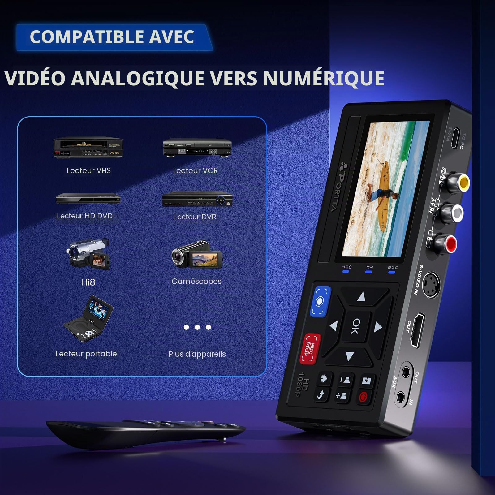 PORTTA Convertisseur VHS vers Numérique, Numerisation Cassette Video avec télécommande, RCA to HDMI Converter Compatible avec VHS, VCR, DVR, DVD, Hi8, Mini DV, Cassette Tape, Gaming Consoles