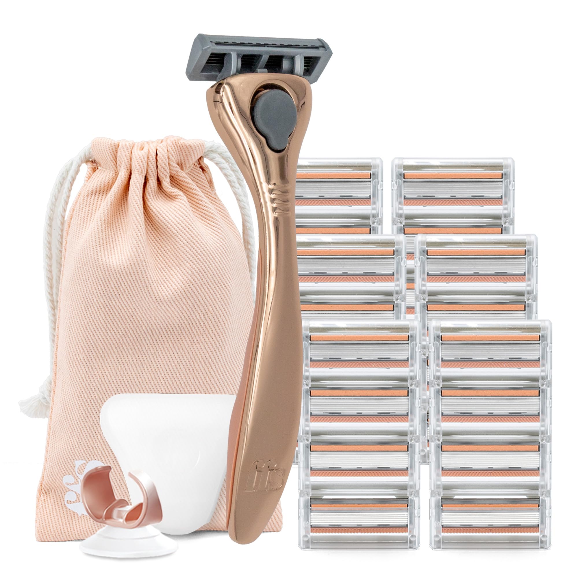 FFS Beauty Rose Rasierset für Damen 9-12 Monate Vorrat - Premium Rosenrasierer Griff, 24 SmoothGlide 6-Klingen-Patronen, Duschhalter, Reisetasche, Klappschutz