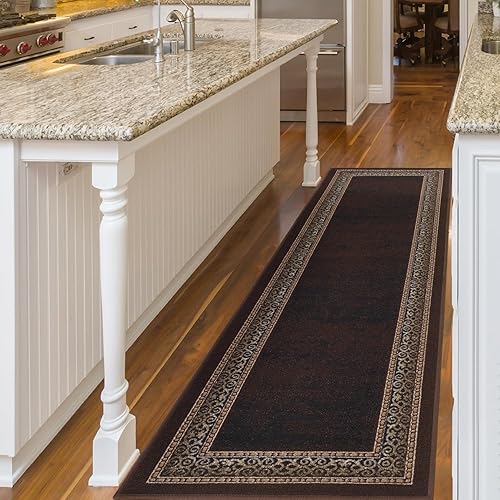 ANTEP RUGS - Tapete corredor de la colección Alfombras, moderno, con bordes, base antideslizante de goma y pelo corto, 2 x 10 pies, color marrón