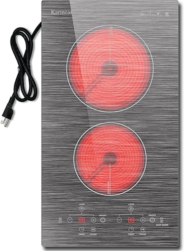 Karinear Placa eléctrica de 2 quemadores de 110 V, encimera de 12 pulgadas y estufa eléctrica integrada, placa de cerámica enchufable con bloqueo de