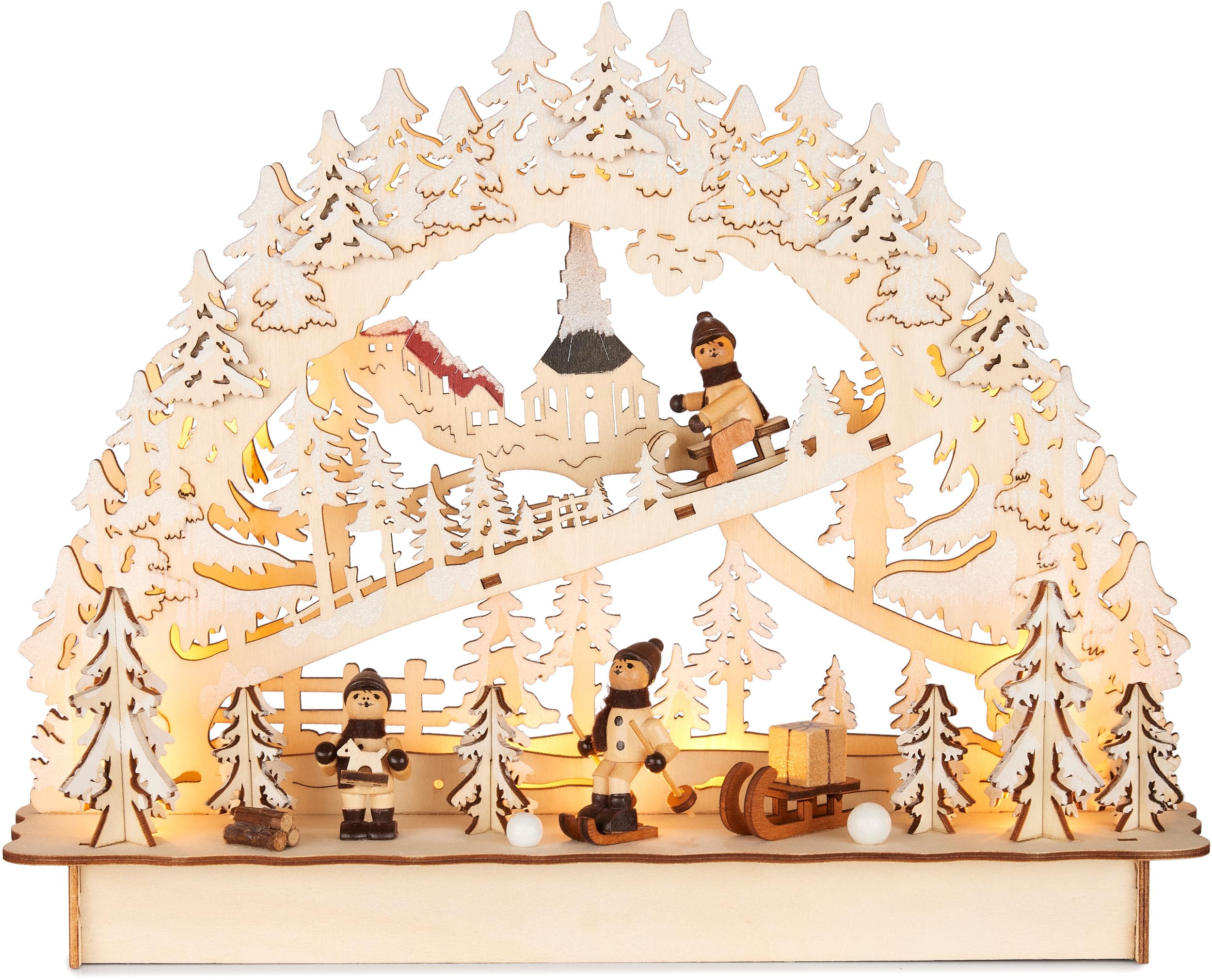 BRUBAKER 3D Lichterbogen - LED Schwibbogen - Schlittenfahrt im Wald - Weihnachtsbeleuchtung aus Holz Natur - 22 x 32 x 9 cm - Handbemalte Figuren - Weihnachtsdeko für Tisch & Fenster