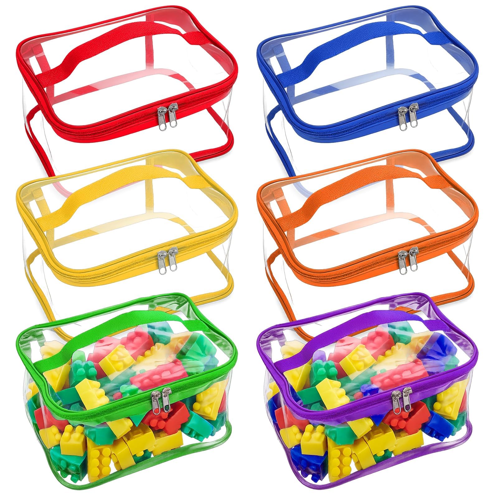 Xygobla 6Pcs Clear PVC Toy Storage Bags,9.1x6.7x3.9 In Portable Clear PVC Toiletry Bag with Handles,Toy Storage Organizing Pouch Make up Bags Transparent Travel Cosmetic Bag for Building Blocks Puzzle