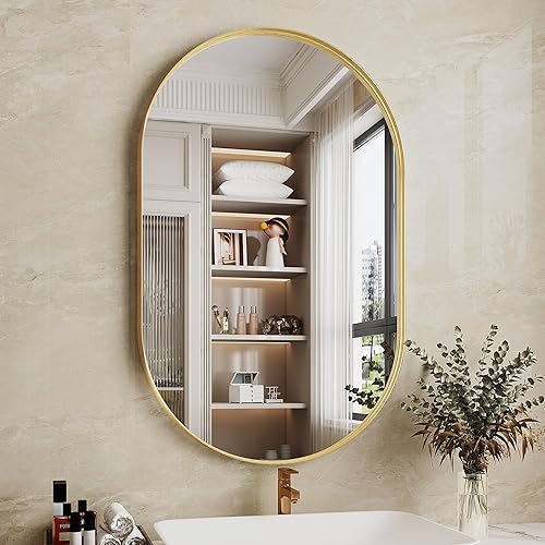 Espejo de baño ovalado de 24 x 36 pulgadas, espejo ovalado dorado, espejo de tocador de baño, marco de metal, espejos de pared para dormitorio, sala