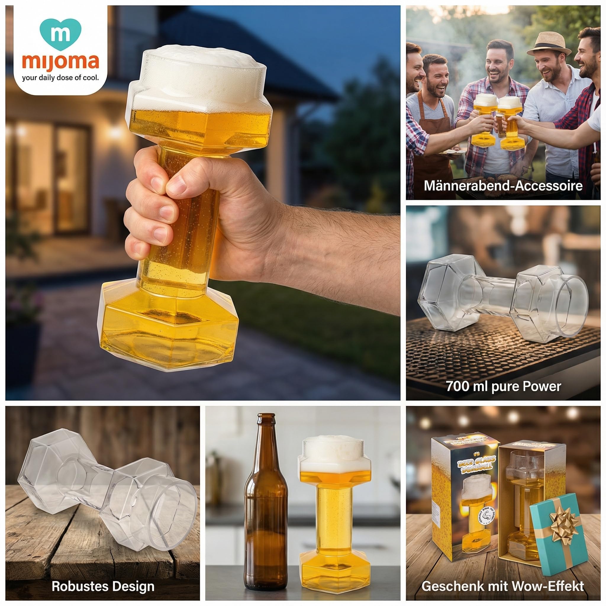 MIJOMA Bicchiere da birra a forma di manubrio, 22 cm – 700 ml – Allenamento casual per sport del bere, manubrio per amici della birra per fitness e feste – Un'avventura birraria per gli amanti del