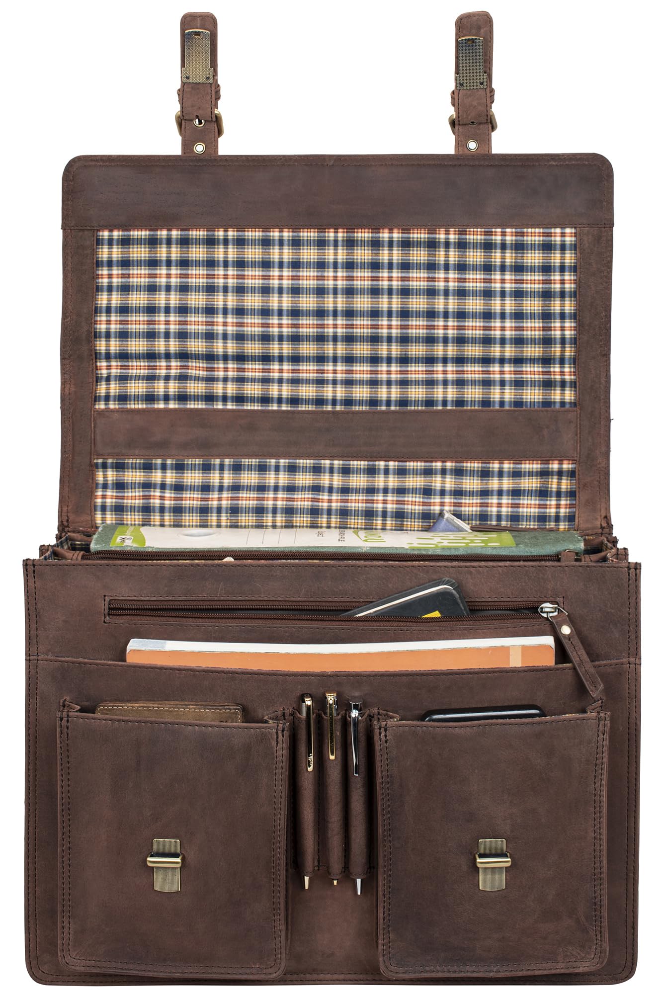 Marc Peter Amsterdam Aktentasche Leder XL Vintage Lehrertasche mit Laptopfach 15,6 Zoll große Ledertasche zum Umhängen Trolley aufsteckbar