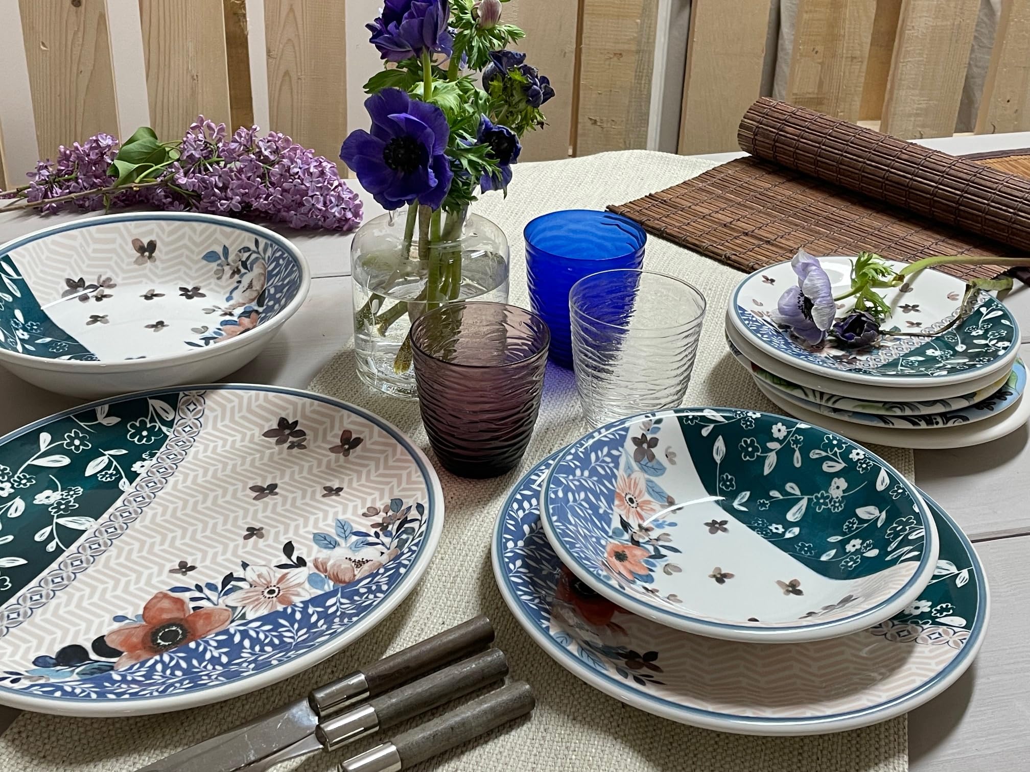 Wald Collezione da Tavola di Piatti Piani, Fondi, Frutta, Insalatiera e Portata in Ceramica, Decoro Acquerello, Lavabili in Lavastoviglie (Piatto piano - 6 pz)