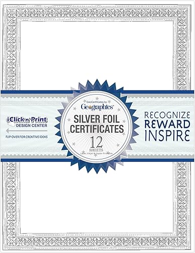 Geographics Papel certificado de premio en blanco, 8.5 x 11 pulgadas, lámina plateada de primera calidad y diseño de borde plateado (paquete de 12)
