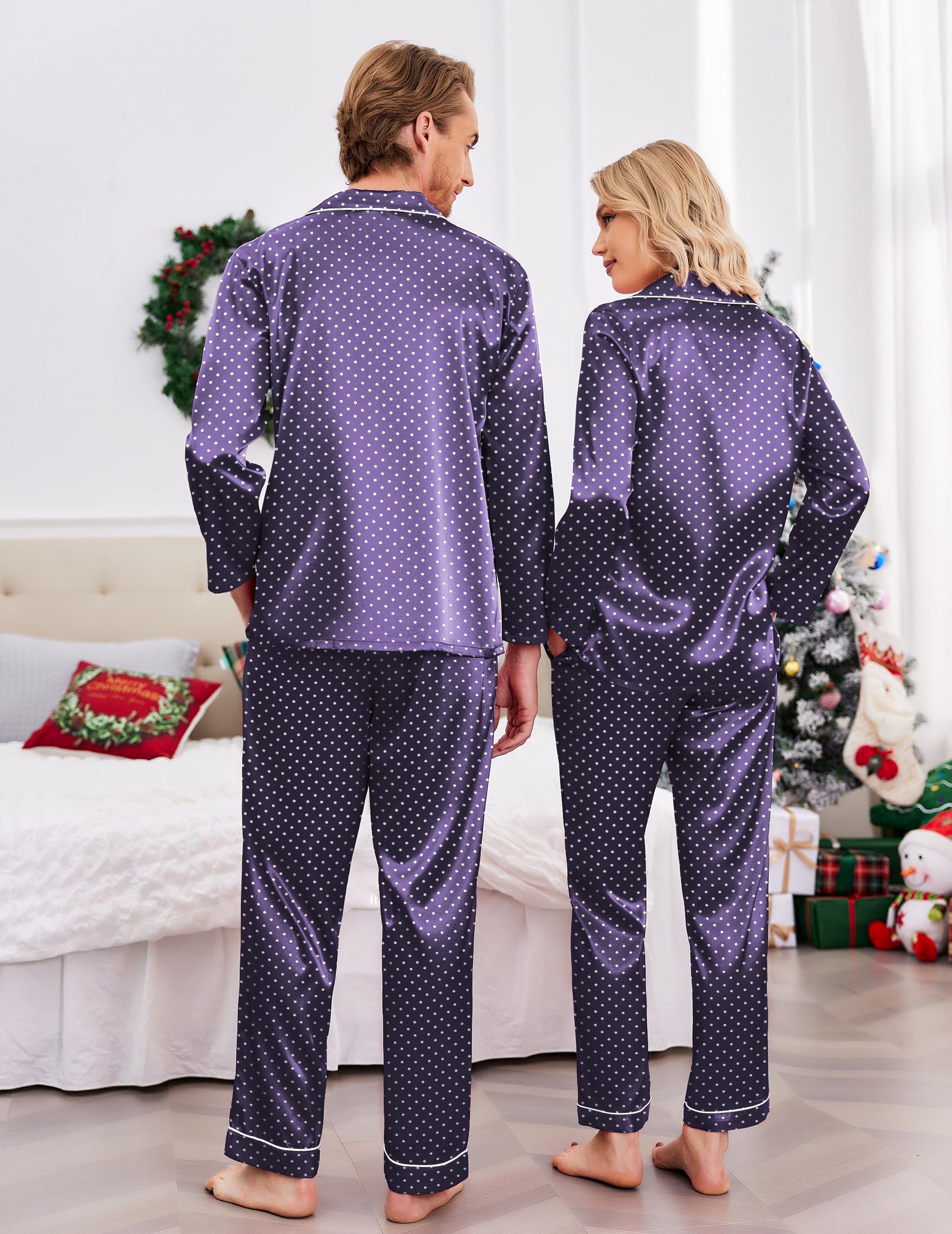 Ekouaer Pijamas a juego para parejas, de seda, de manga larga, de satén, suave, con botones, tallas S-XXL, blanco, azul marino (Navy White Polka Dots), XX-Large
