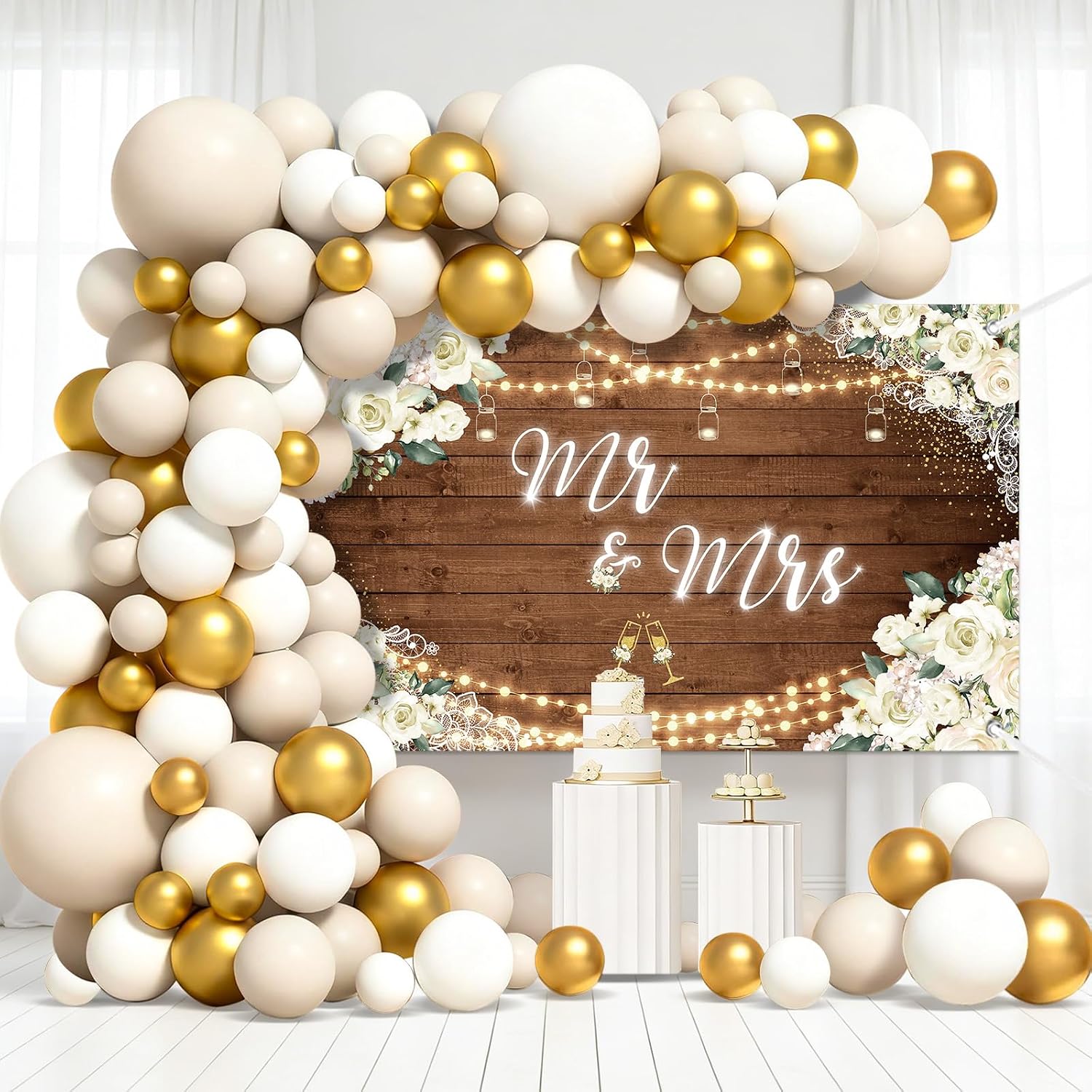 MEHOFOND White Floral Wedding Balloons Arch Kit 113pcs, Mr and Mrs Banner Backdrop, Wooden Style Bride to Be Party Decorations, Engagement White and Gold Balloons Garland Party Decor