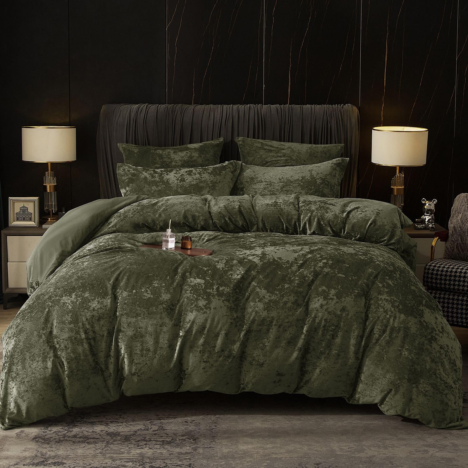 PHF Luxury Crushed Velvet Duvet Cover Set, King Size 220x230cm, Olive