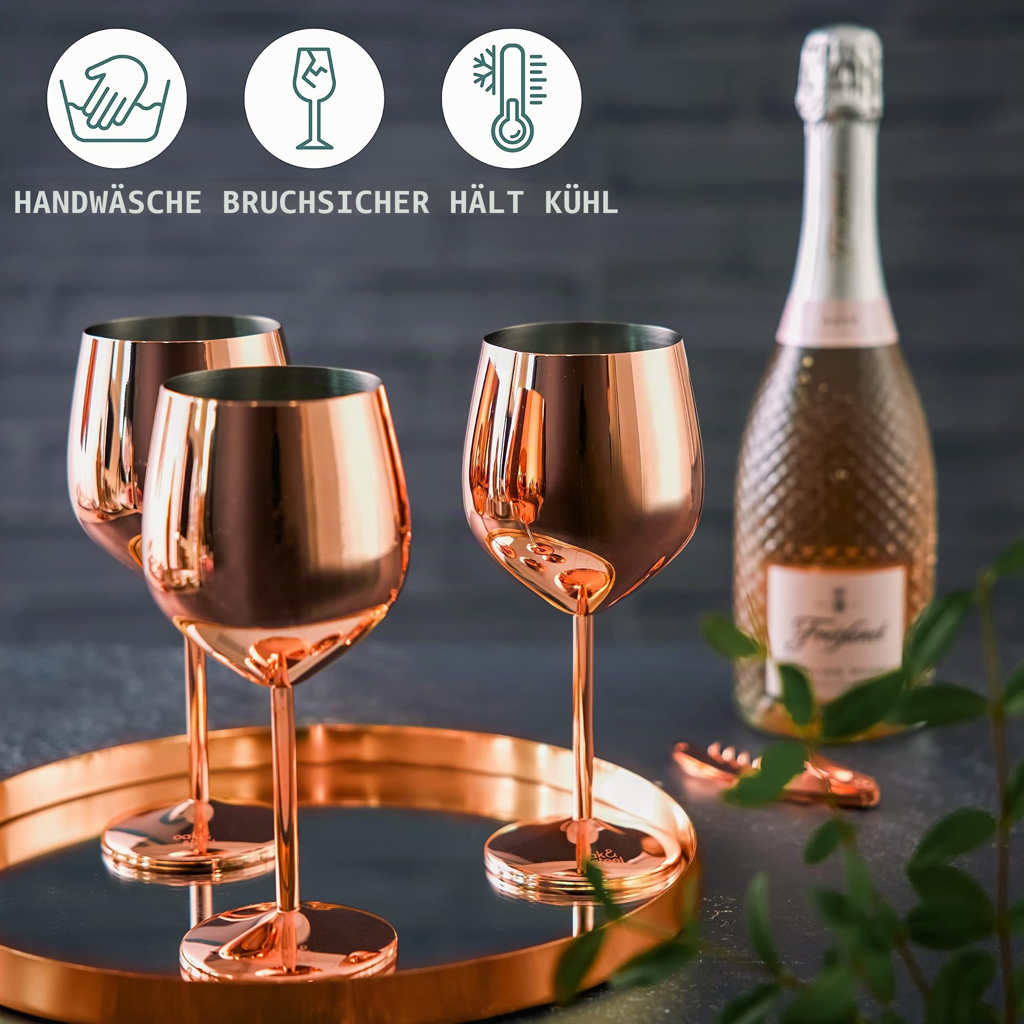 Oak & Steel - 4 Edelstahl Weingläser Geschenkset (540ml) - Roségold/Kupfer - Robust & Unzerbrechlich - Tragbar für Reisen, Camping, Outdoor, Picknicks