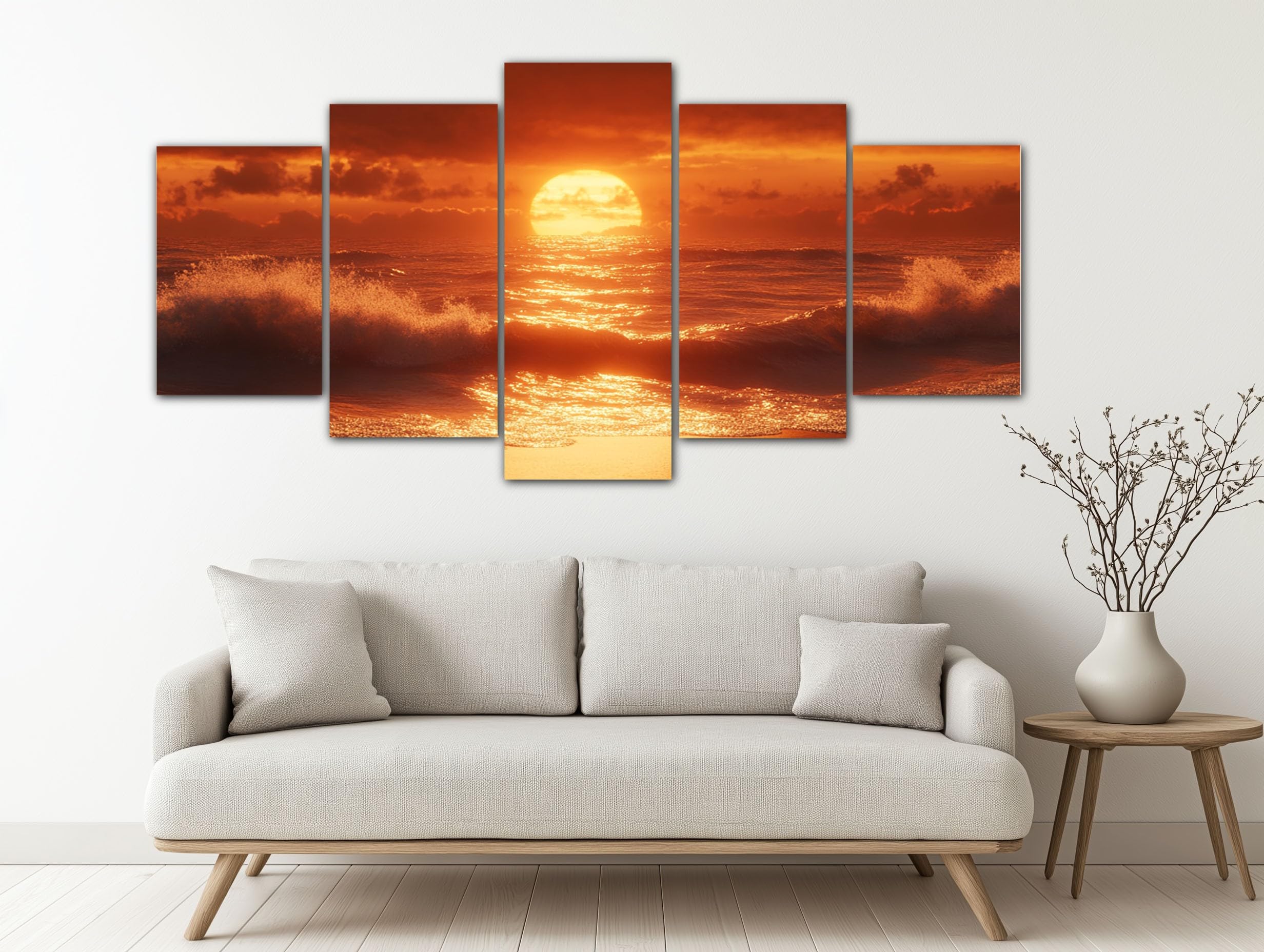 ZORYAN Bilder 150x75 cm 5 Teilig Sonnenuntergang Am Strand Leinwand Gold | Wandbilder Set für Wohnzimmer, Schlafzimmer - Moderne Wanddekoration