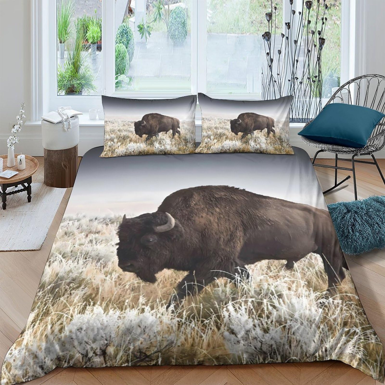 GPLZQXKJNH 3D Printed Bison Prairie Duvet Cover Microfiber Soft Breathable Grassland Bedding Set with 2 Pillowcases for Bedroom Decor Single（135x200cm）