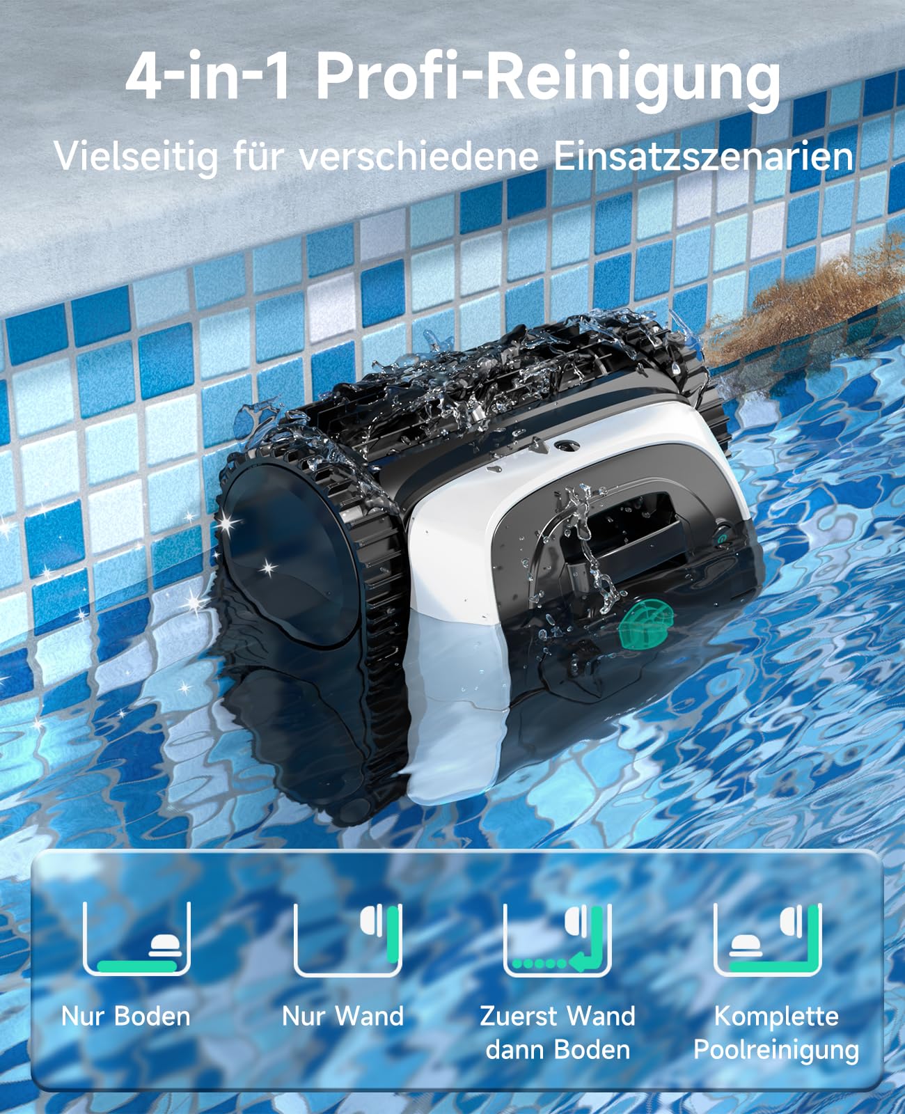 WYBOT C1 Poolroboter mit Akku Intelligente Routenplanung, Vollautomatisch Poolreiniger Boden, Wasserlinie, und Wandreinigung, leistungsstarke Dreifachmotor läuft 150 Minuten lang, bis zu 150 ㎡-Weiß