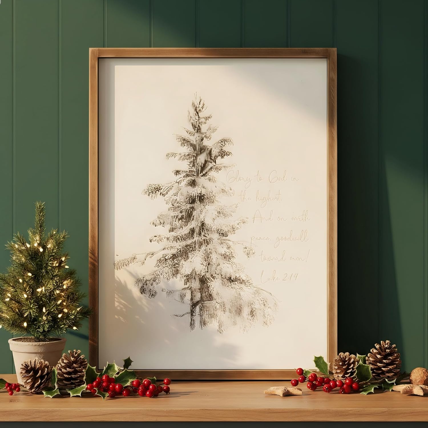 Ronasip Vintage Framed Christian Wall Art - Sketch Pine Trees Biblical Painting With Scripture 'Glory To God In The Highest' -Rustic Wall Sign, Winter Scene Wall Art Decor, Home Decor (16"x24", Brown)