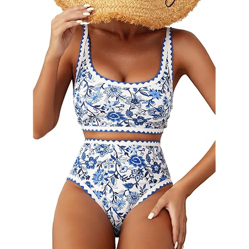 Herseas Women's Bikini Sets Floral Print Whip Stitch 2 Piece Swimsuits High Waisted Scoop Bathing Suits