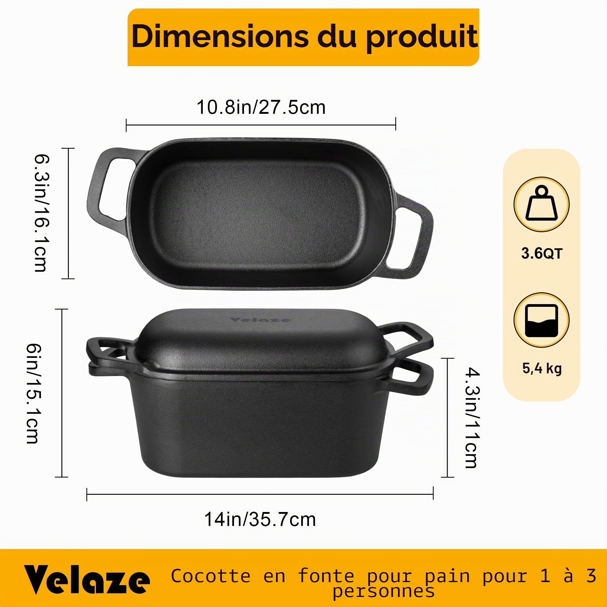 Velaze Cocotte Fonte Émaillée 3.4L - Casserole à Pain Noire avec Couvercle pour Induction, Marmite Antiadhésive Intérieur Crème - Cocotte Fonte Induction, Cuisson du Pain, Braisage, Ragoûts (27x15cm)